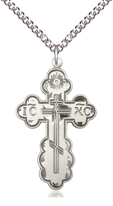 Sterling Silver Saint Olga Cross Pendant on a 24 inch Sterling Silver Heavy Curb chain