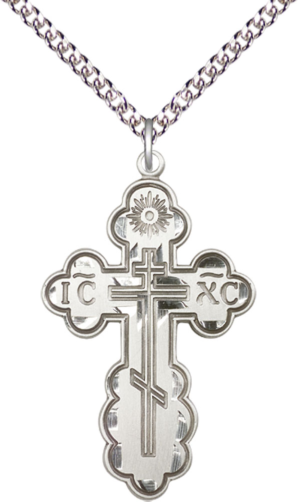 Sterling Silver Saint Olga Cross Pendant on a 24 inch Sterling Silver Heavy Curb chain