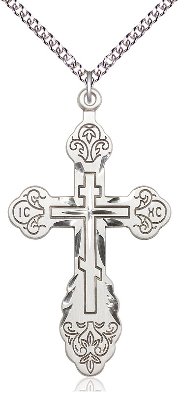 Sterling Silver Vladimir Cross Pendant on a 24 inch Sterling Silver Heavy Curb chain