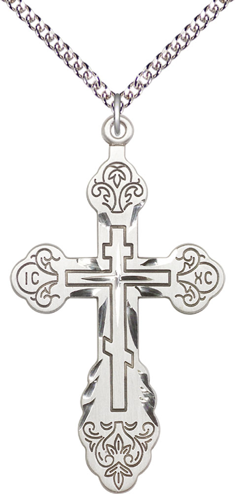 Sterling Silver Vladimir Cross Pendant on a 24 inch Sterling Silver Heavy Curb chain