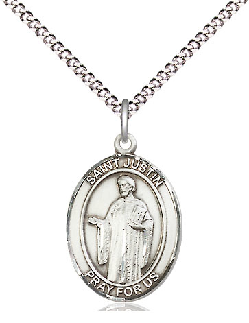 Sterling Silver Saint Justin Pendant on a 18 inch Light Rhodium Light Curb chain