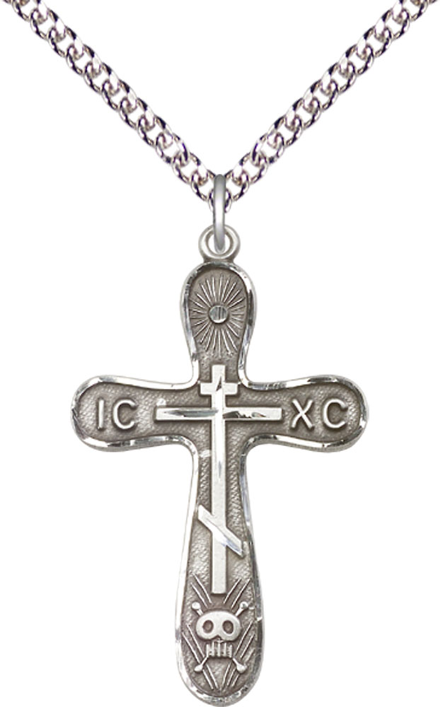 Sterling Silver Golgotha Cross Pendant on a 24 inch Sterling Silver Heavy Curb chain