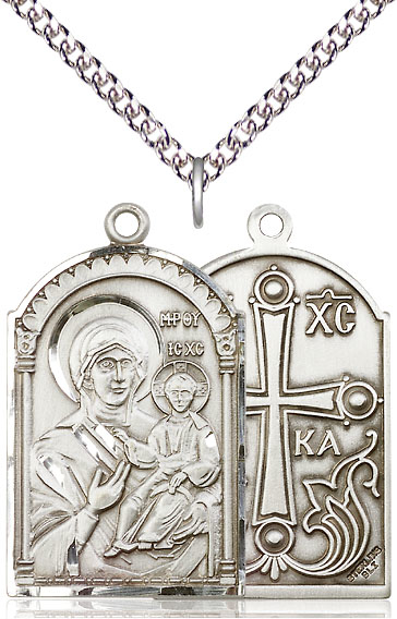 Sterling Silver Mother of God Pendant on a 24 inch Sterling Silver Heavy Curb chain