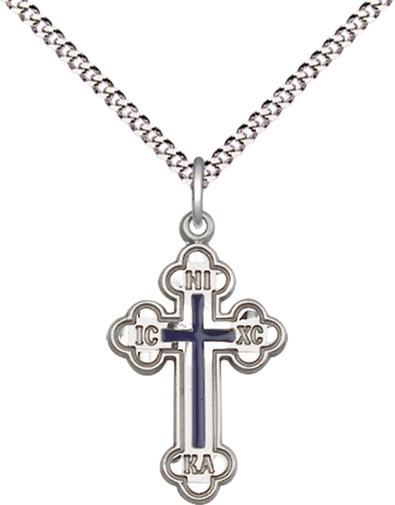 Sterling Silver Russian Cross Pendant on a 18 inch Light Rhodium Light Curb chain