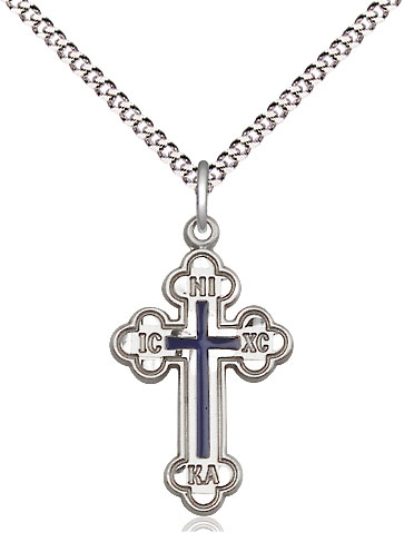 Sterling Silver Russian Cross Pendant on a 18 inch Light Rhodium Light Curb chain