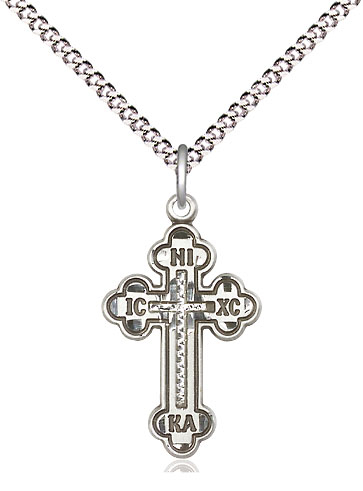 Sterling Silver Russian Cross Pendant on a 18 inch Light Rhodium Light Curb chain