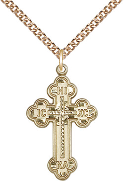 14kt Gold Filled Russian Cross Pendant on a 24 inch Gold Plate Heavy Curb chain