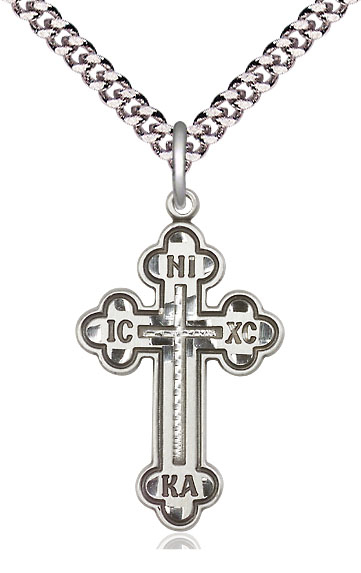 Sterling Silver Russian Cross Pendant on a 24 inch Light Rhodium Heavy Curb chain