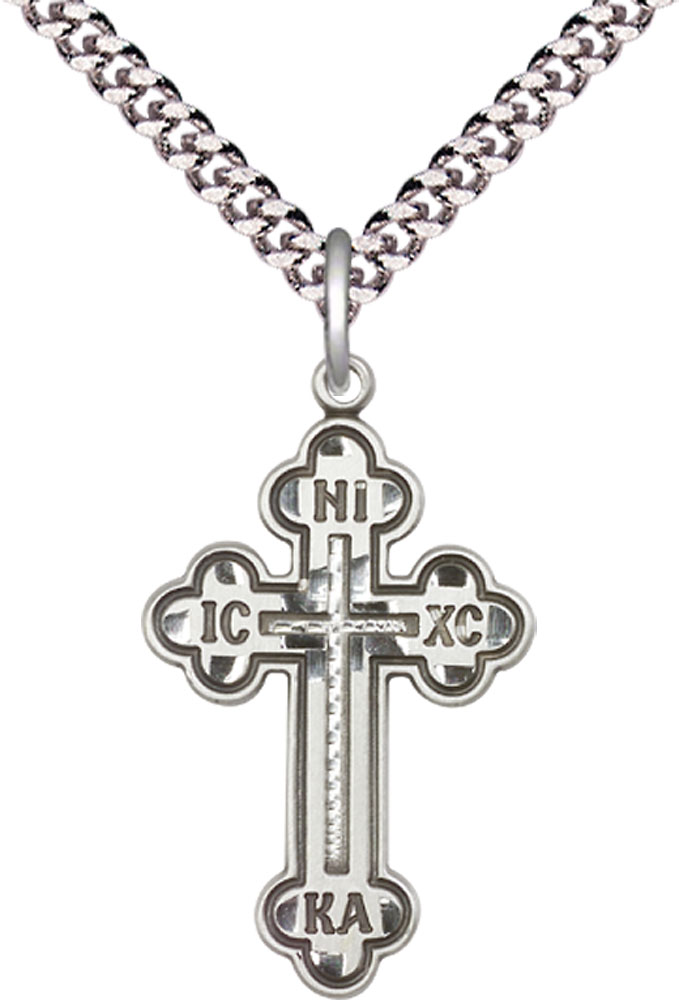 Sterling Silver Russian Cross Pendant on a 24 inch Light Rhodium Heavy Curb chain