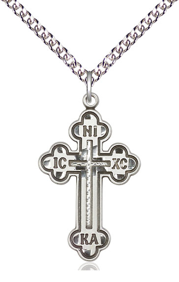 Sterling Silver Russian Cross Pendant on a 24 inch Sterling Silver Heavy Curb chain