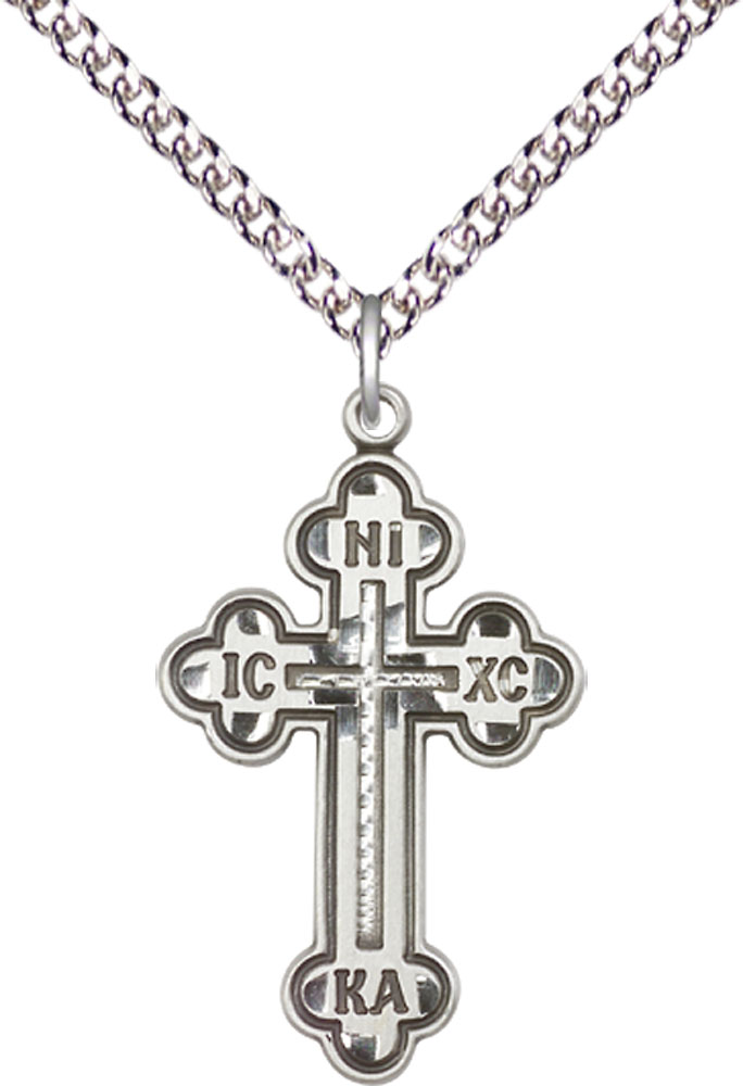 Sterling Silver Russian Cross Pendant on a 24 inch Sterling Silver Heavy Curb chain