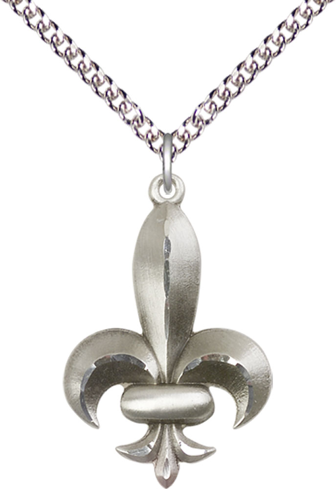 Sterling Silver Fleur de Lis Pendant on a 24 inch Sterling Silver Heavy Curb chain
