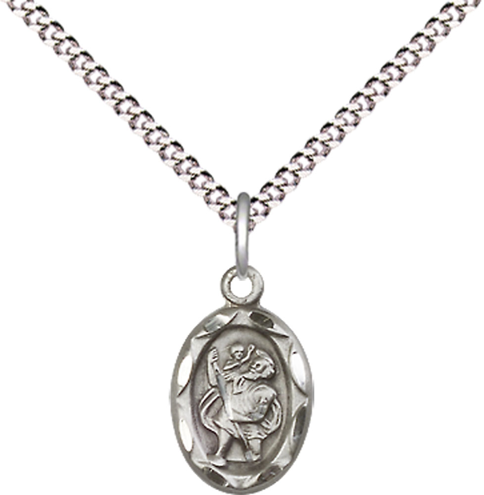Sterling Silver Saint Christopher Pendant on a 18 inch Light Rhodium Light Curb chain