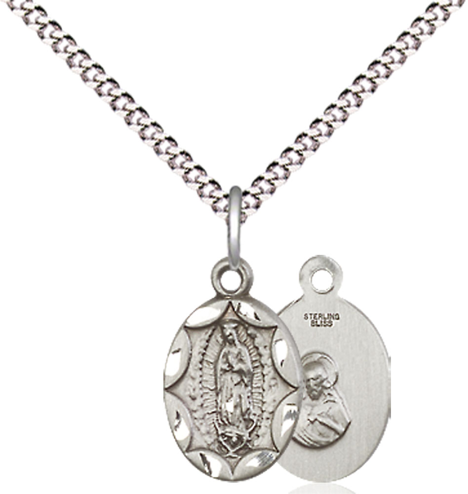 Sterling Silver Our Lady of Guadalupe Pendant on a 18 inch Light Rhodium Light Curb chain
