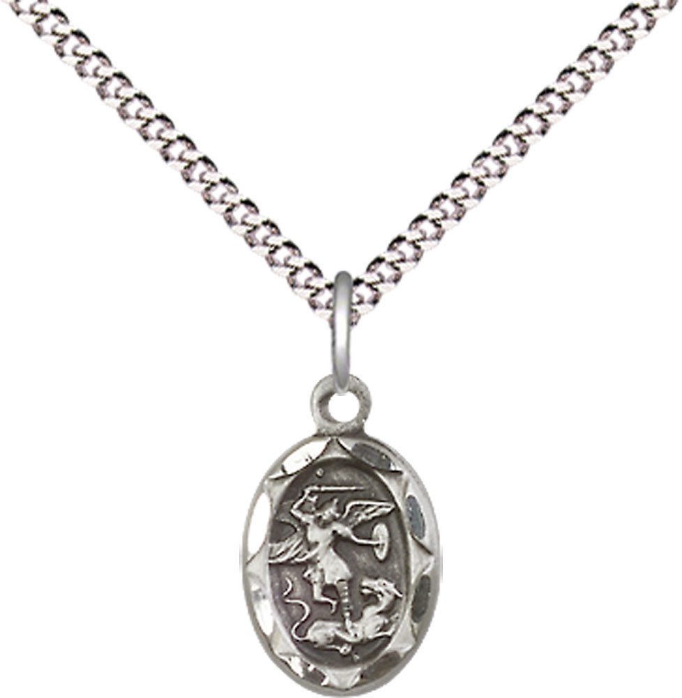 Sterling Silver Saint Michael the Archangel Pendant on a 18 inch Light Rhodium Light Curb chain