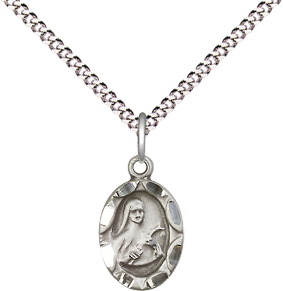 Sterling Silver Saint Theresa Pendant on a 18 inch Light Rhodium Light Curb chain