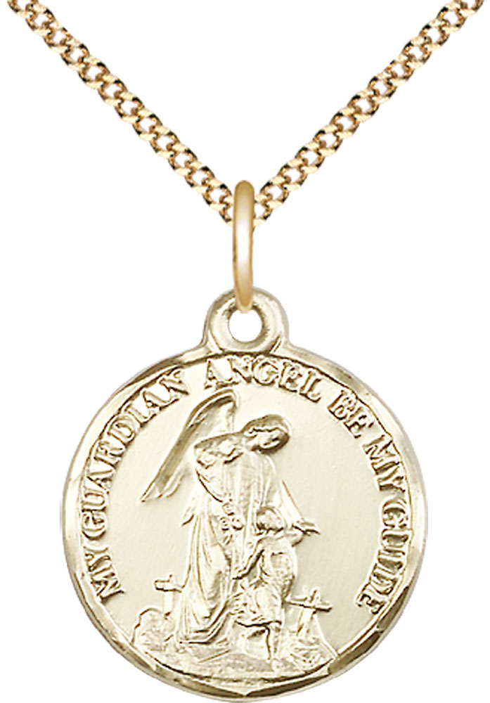 14kt Gold Filled Guardian Angel Pendant on a 18 inch Gold Plate Light Curb chain