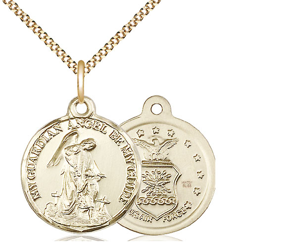 14kt Gold Filled Guardian Angel Air Force Pendant on a 18 inch Gold Plate Light Curb chain