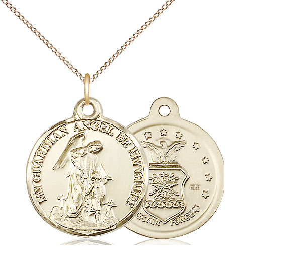 14kt Gold Filled Guardian Angel Air Force Pendant on a 18 inch Gold Filled Light Curb chain
