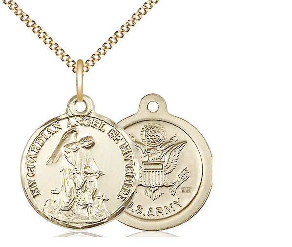 14kt Gold Filled Guardian Angel Army Pendant on a 18 inch Gold Plate Light Curb chain