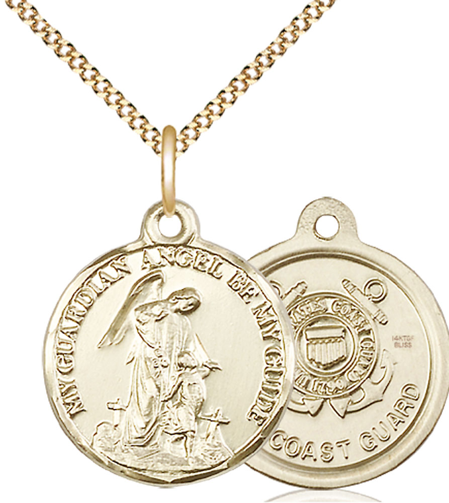14kt Gold Filled Guardian Angel Coast Guard Pendant on a 18 inch Gold Plate Light Curb chain
