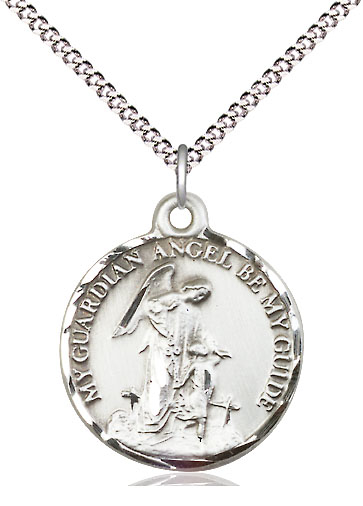 Sterling Silver Guardian Angel Pendant on a 18 inch Light Rhodium Light Curb chain