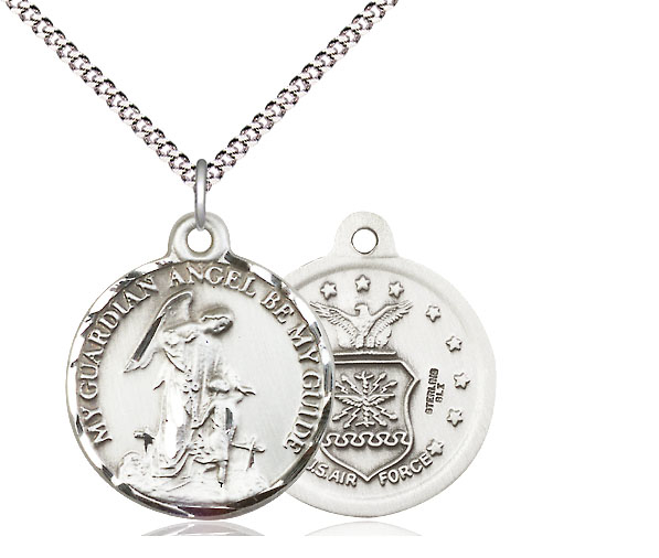 Sterling Silver Guardian Angel Air Force Pendant on a 18 inch Light Rhodium Light Curb chain