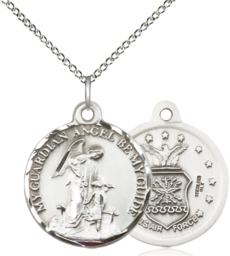 Sterling Silver Guardian Angel Air Force Pendant on a 18 inch Sterling Silver Light Curb chain