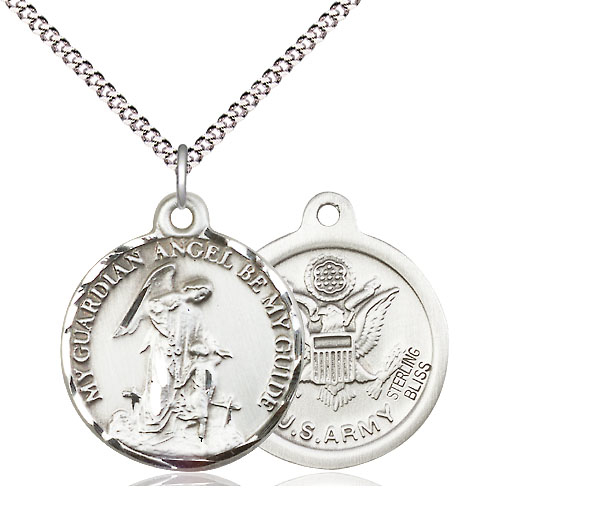 Sterling Silver Guardian Angel Army Pendant on a 18 inch Light Rhodium Light Curb chain