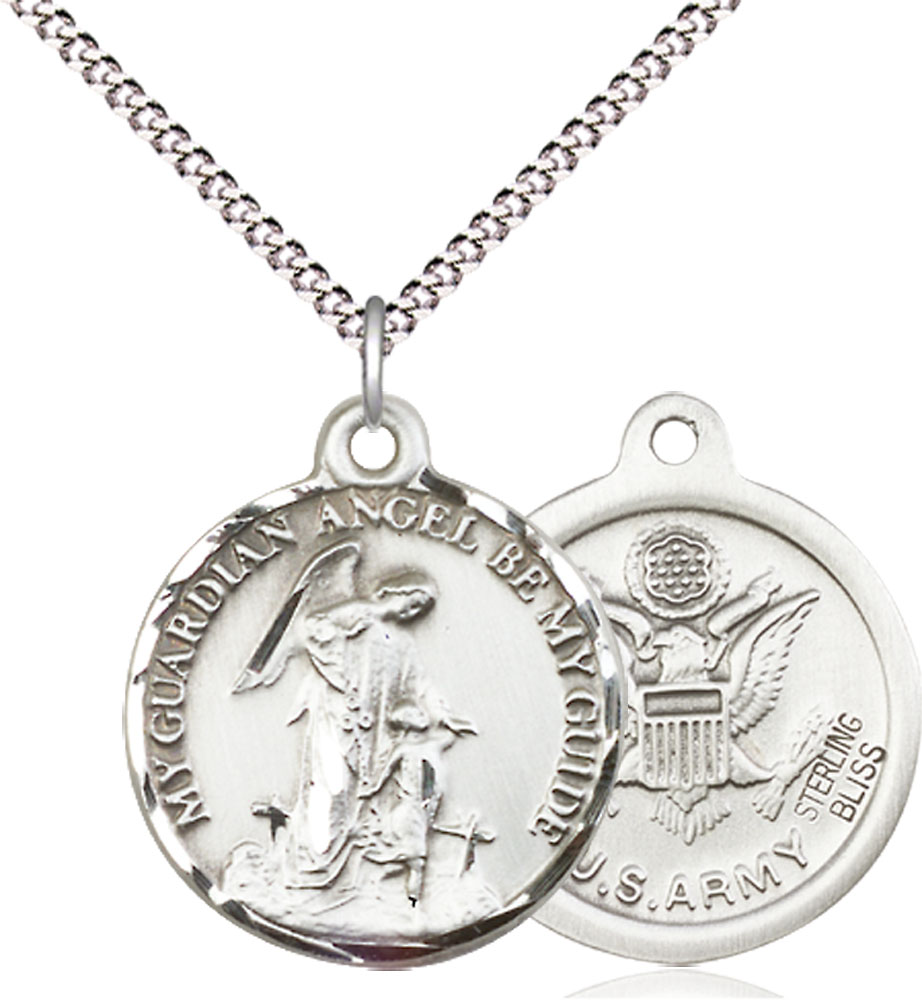 Sterling Silver Guardian Angel Army Pendant on a 18 inch Light Rhodium Light Curb chain