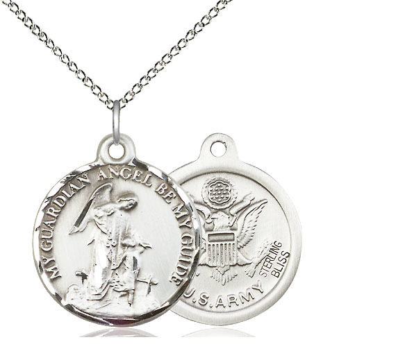 Sterling Silver Guardian Angel Army Pendant on a 18 inch Sterling Silver Light Curb chain
