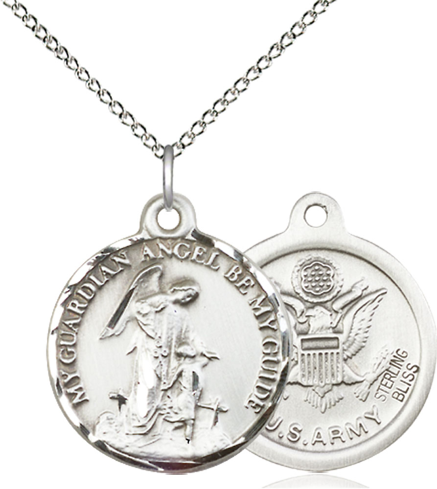 Sterling Silver Guardian Angel Army Pendant on a 18 inch Sterling Silver Light Curb chain