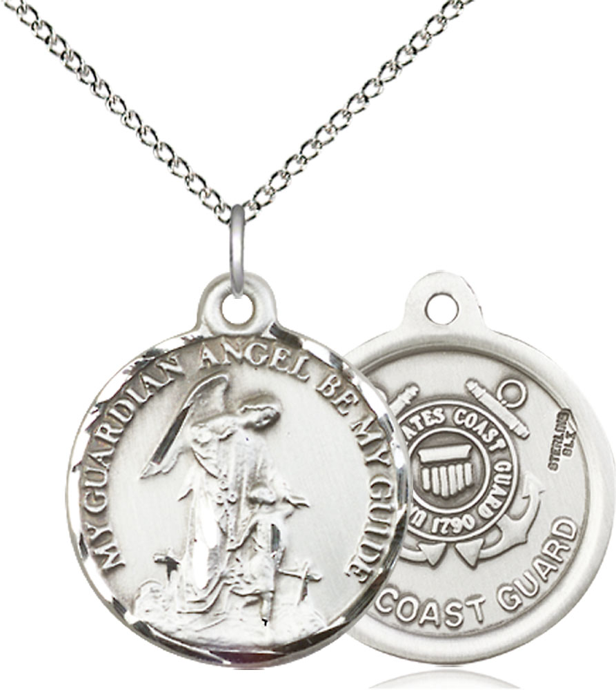 Sterling Silver Guardian Angel Coast Guard Pendant on a 18 inch Sterling Silver Light Curb chain