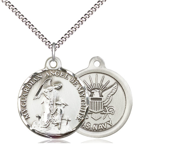 Sterling Silver Guardian Angel Navy Pendant on a 18 inch Light Rhodium Light Curb chain