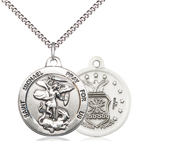 Sterling Silver Saint Michael Air Force Pendant on a 18 inch Light Rhodium Light Curb chain