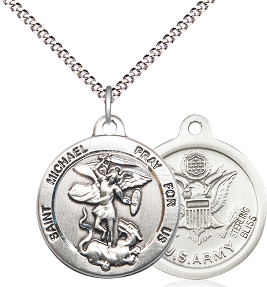 Sterling Silver Saint Michael Army Pendant on a 18 inch Light Rhodium Light Curb chain