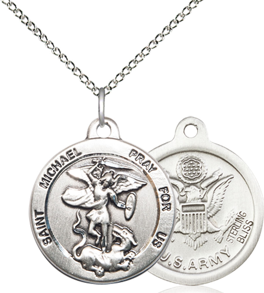 Sterling Silver Saint Michael Army Pendant on a 18 inch Sterling Silver Light Curb chain