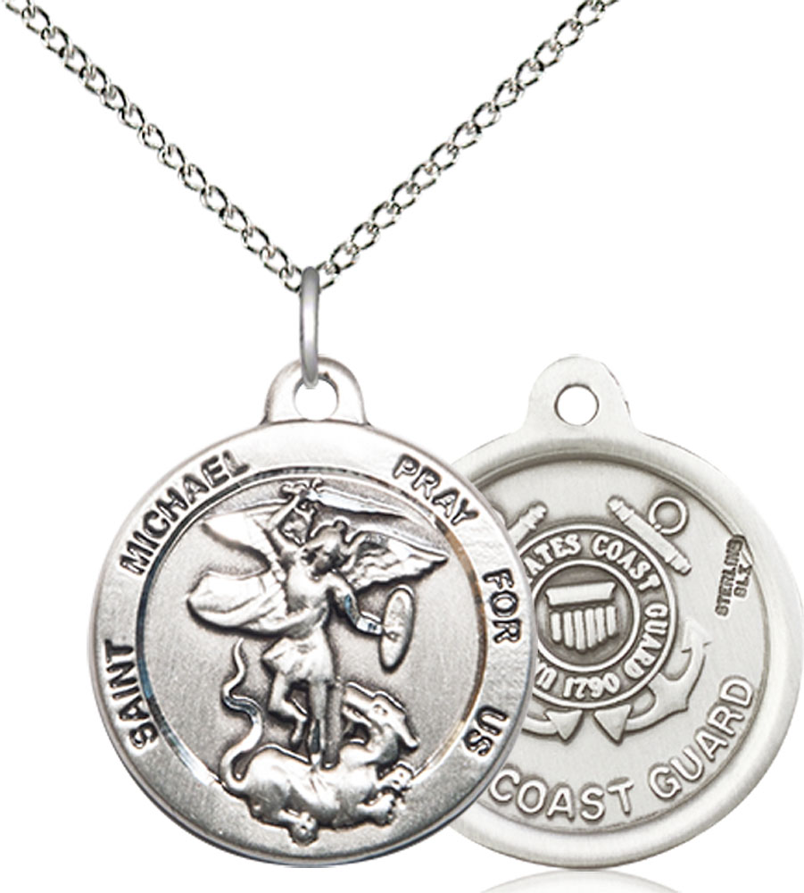 Sterling Silver Saint Michael Coast Guard Pendant on a 18 inch Sterling Silver Light Curb chain