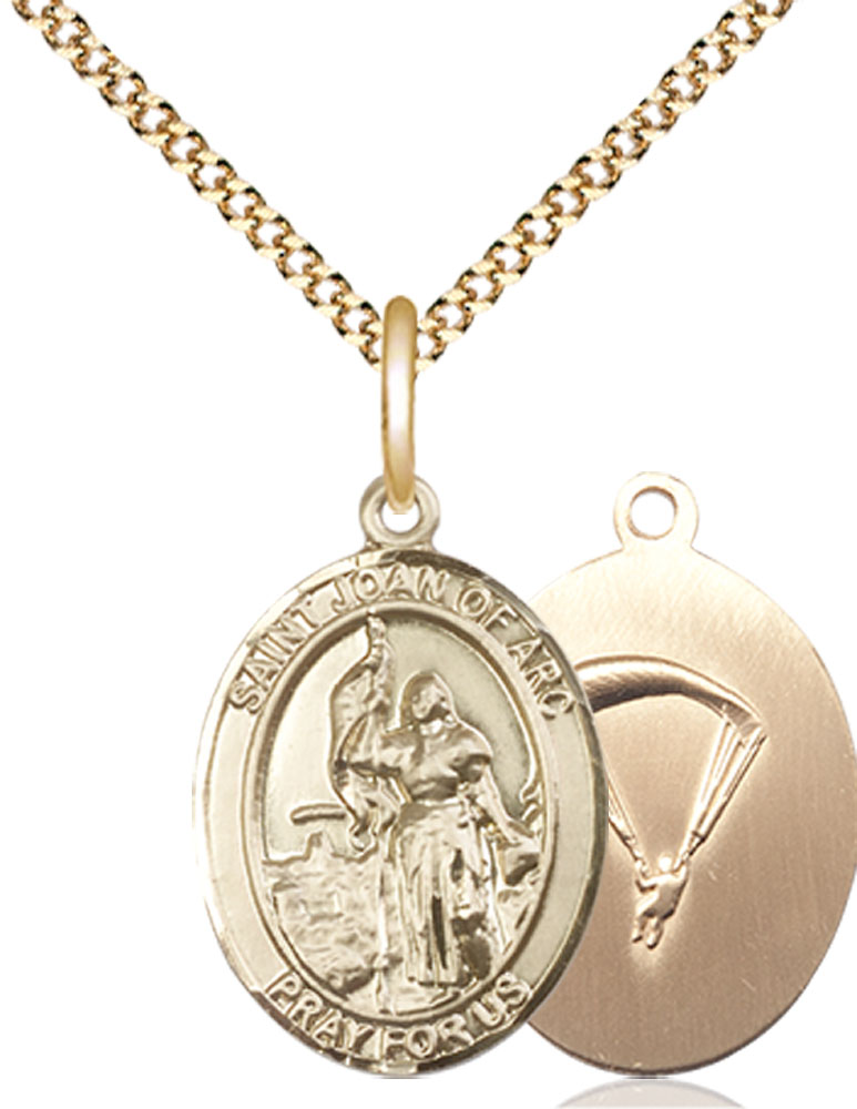 14kt Gold Filled Saint Joan of Arc Paratrooper Pendant on a 18 inch Gold Plate Light Curb chain