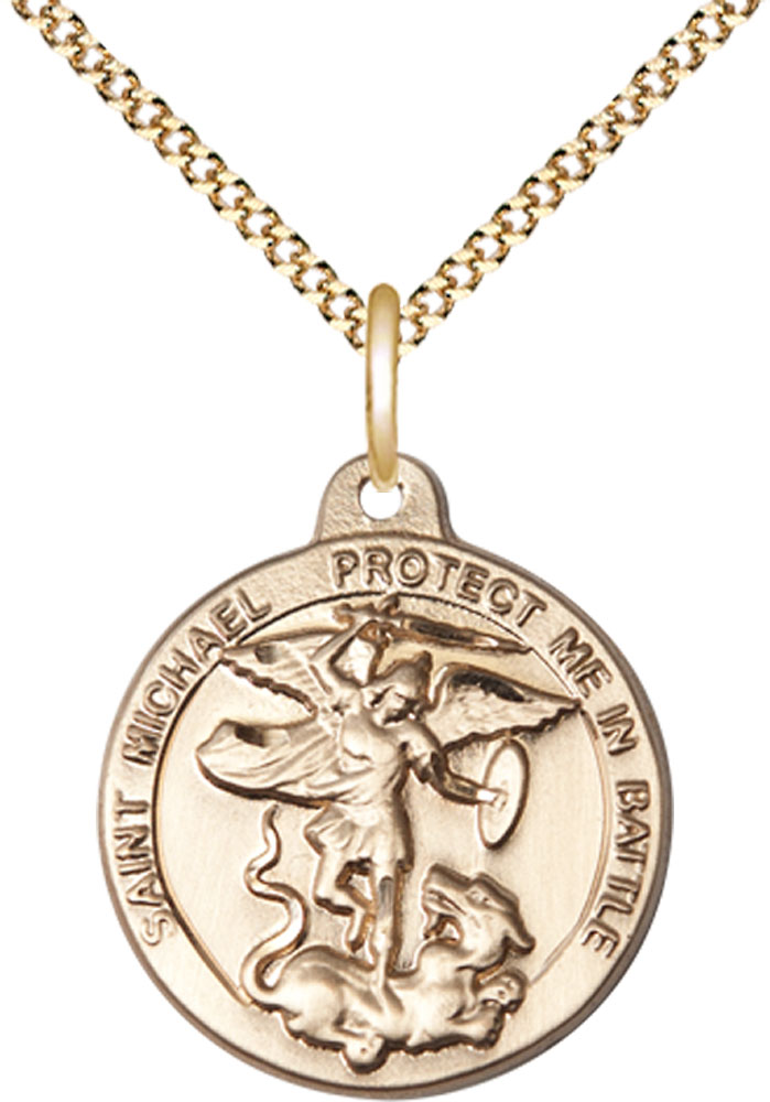 14kt Gold Filled Saint Michael the Archangel Pendant on a 18 inch Gold Plate Light Curb chain