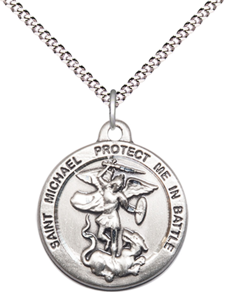 Sterling Silver Saint Michael the Archangel Pendant on a 18 inch Light Rhodium Light Curb chain