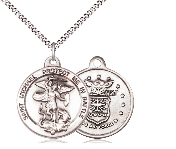 Sterling Silver Saint Michael Air Force Pendant on a 18 inch Light Rhodium Light Curb chain