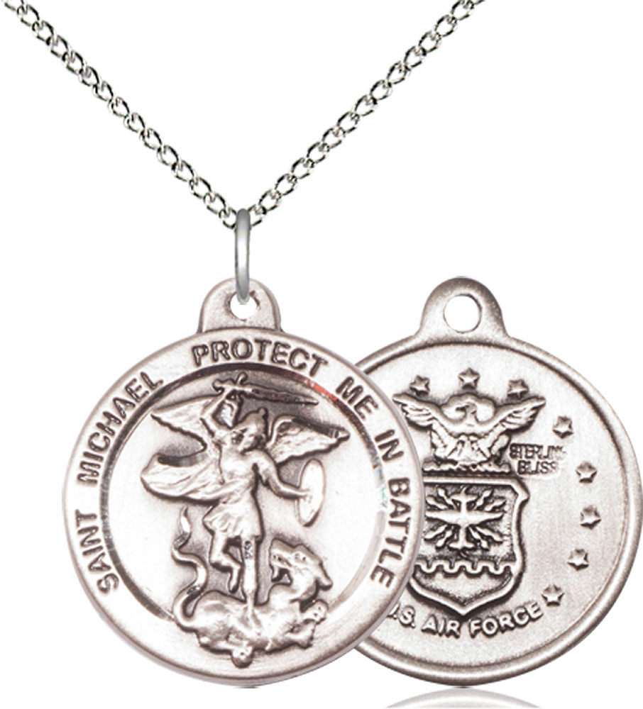 Sterling Silver Saint Michael Air Force Pendant on a 18 inch Sterling Silver Light Curb chain