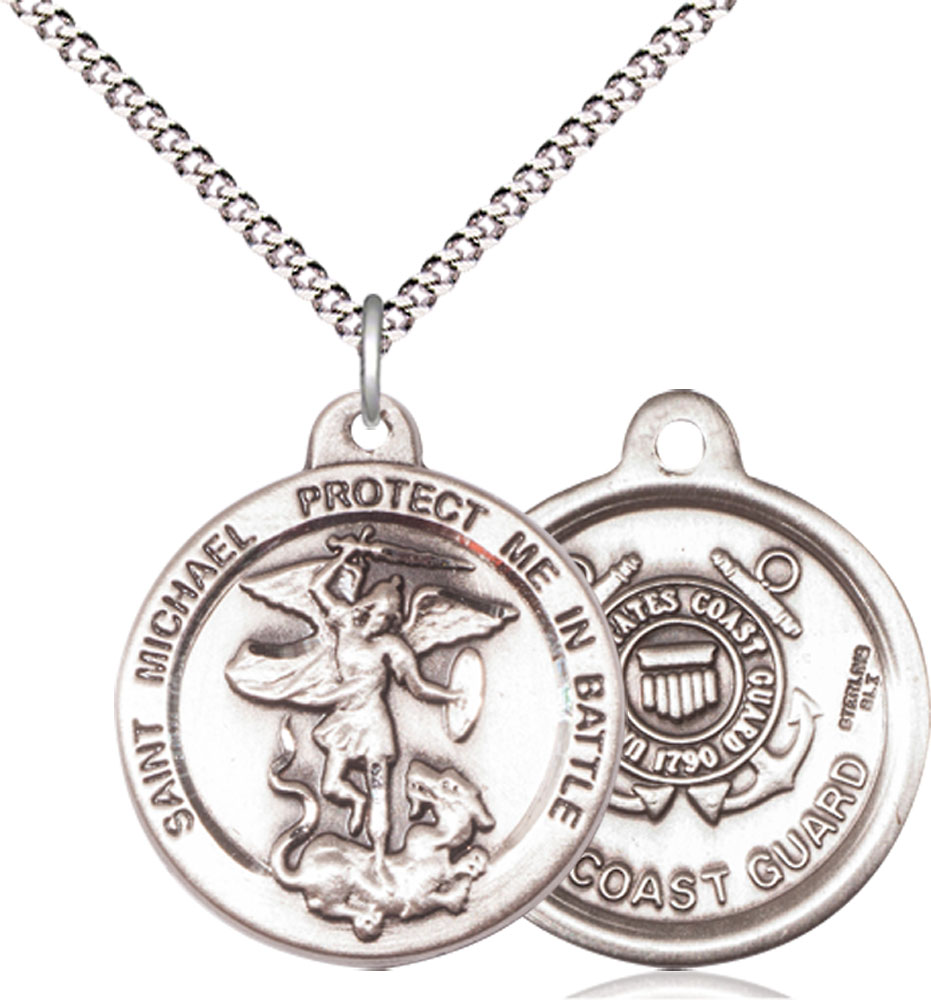 Sterling Silver Saint Michael Coast Guard Pendant on a 18 inch Light Rhodium Light Curb chain