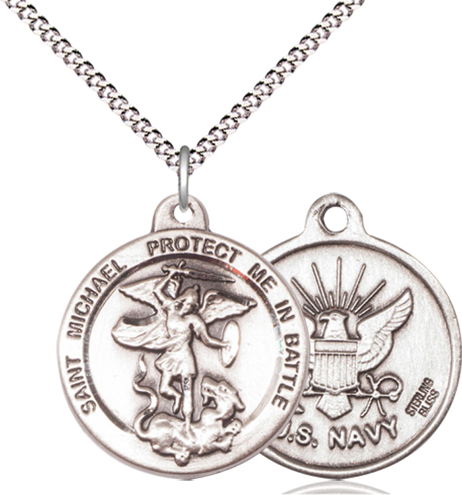 Sterling Silver Saint Michael Navy Pendant on a 18 inch Light Rhodium Light Curb chain