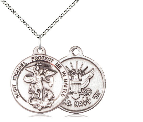 Sterling Silver Saint Michael Navy Pendant on a 18 inch Sterling Silver Light Curb chain