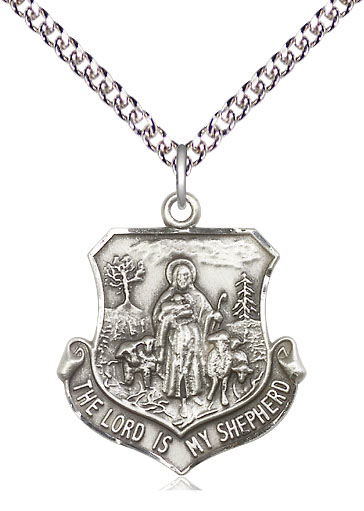 Sterling Silver Lord Is My Shepherd Pendant on a 24 inch Sterling Silver Heavy Curb chain