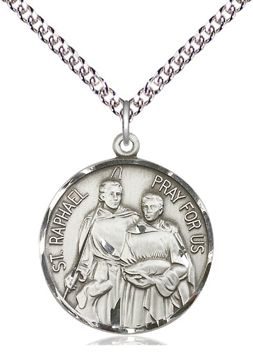 Sterling Silver Saint Raphael Pendant on a 24 inch Sterling Silver Heavy Curb chain