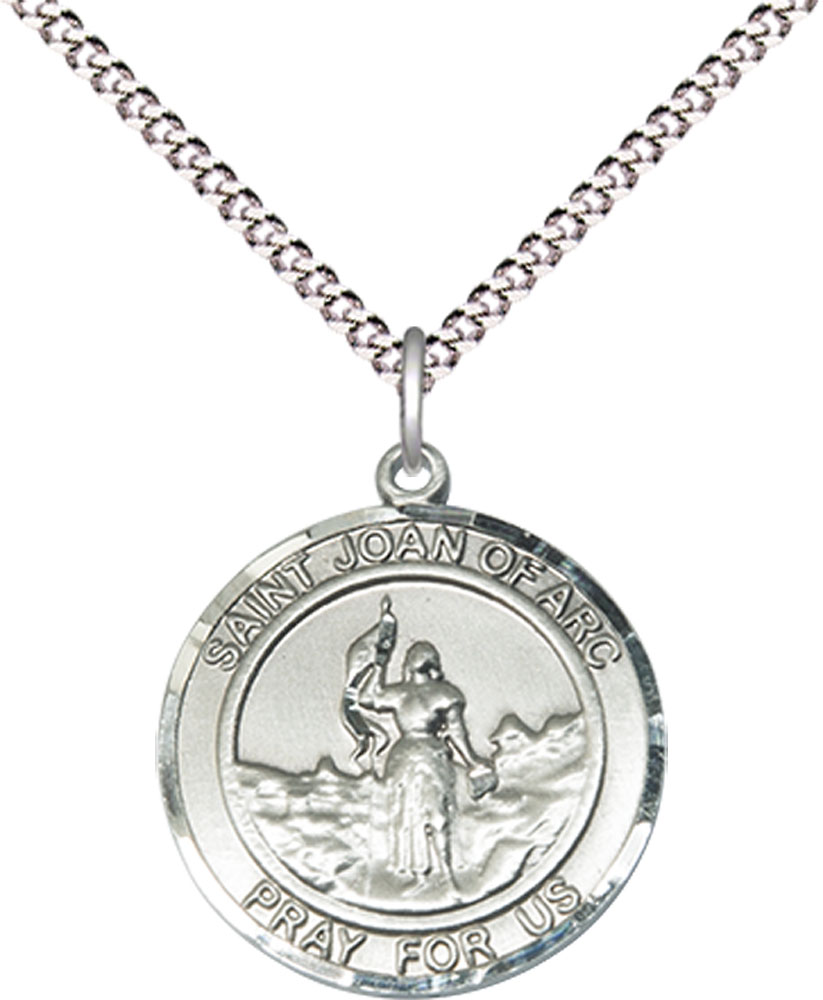 Sterling Silver Saint Joan of Arc Pendant on a 18 inch Light Rhodium Light Curb chain