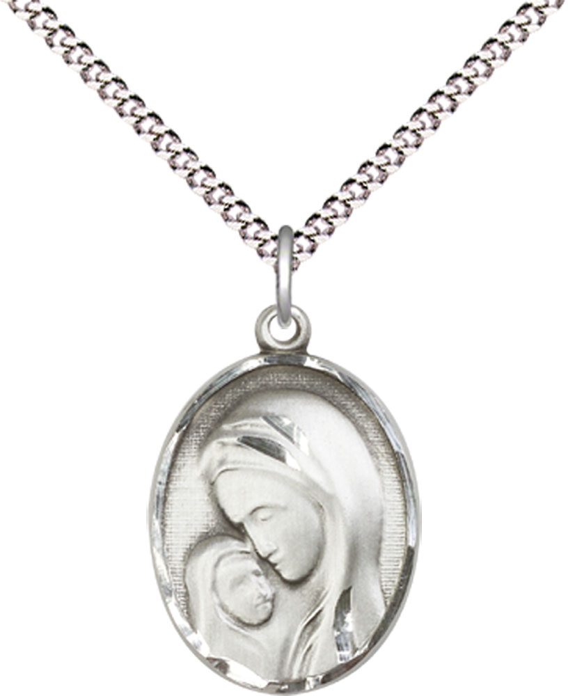 Sterling Silver Madonna &amp; Child Pendant on a 18 inch Light Rhodium Light Curb chain